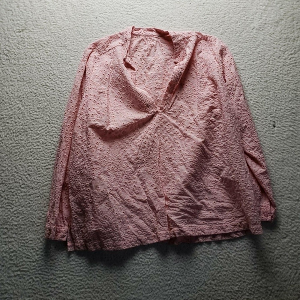 Blouse Womens Plus 2X Pink V Neck Long Sleeve Eyelet Embroidered Tunic Top